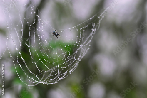 Little spider on a web with dew frops, nature background, macro shot