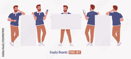 Man, bearded handsome guy casual sporty wear empty board pose set. Stylish athletic sportswear polo, jogs for exercise, modern active life, fit city activity. Vector flat style cartoon illustration