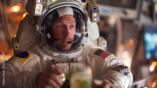 This Passenger in a spaceplane cockpit savors a drink during an exhilarating suborbital flight. photo