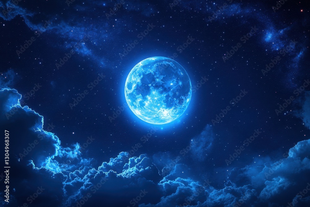 Naklejka premium Ethereal moonscape with glowing orb illuminating celestial clouds and a vast expanse of starry night sky in serene blue hues