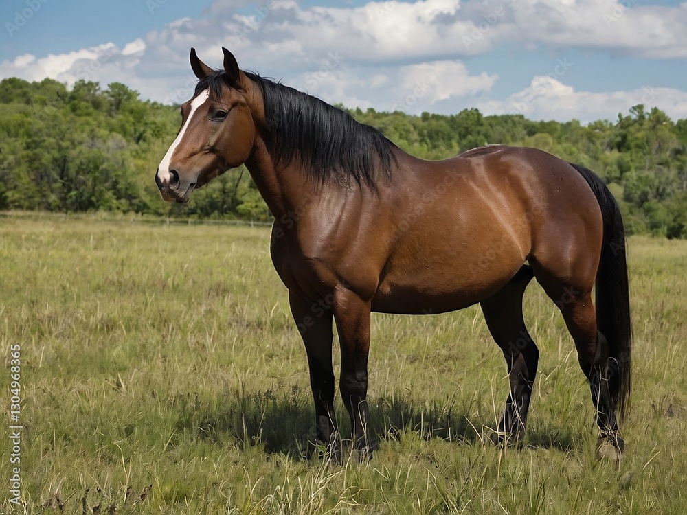 Beautiful Brown Stallion Grazing in Sunny Pasture - Equestrian Sports and Training in Natural Habitat Beautiful Brown Stallion Grazing in Sunny Pasture - Equestrian Sports and Training in Natural Habitat
