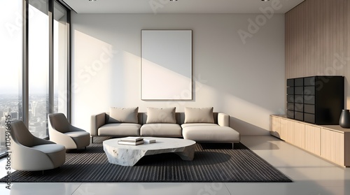 Contemporary Home Interior with a Blank Wall Frame for Poster or Artwork Display