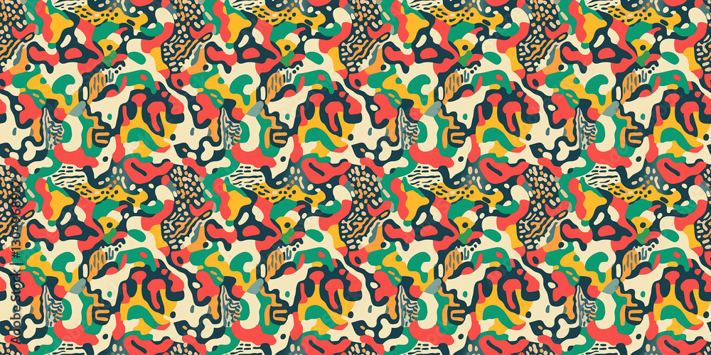 Vibrant abstract seamless pattern showcasing organic shapes and bold colors for creative projects and designs. pattern science
