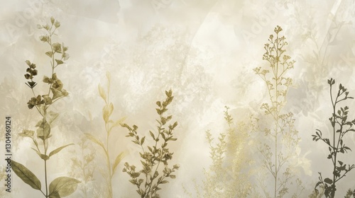 Dreamy vellum-textured herbal background with golden botanical illustrations