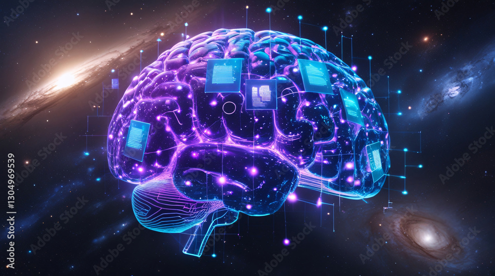 Obraz premium Futuristic Puzzle in Deep Space Forming Digital Brain with Glowing Neon AI-Inspired Pieces, Quantum Computing, Neural Networks, Holographic Light, and Distant Galaxies in 8K Sci-Fi Realism