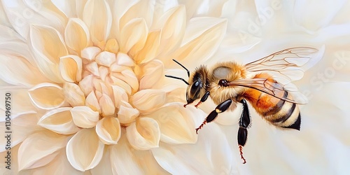 Honeybee pollinating large dahlia flower. Nature scene for ecology, garden, science, environmental projects photo