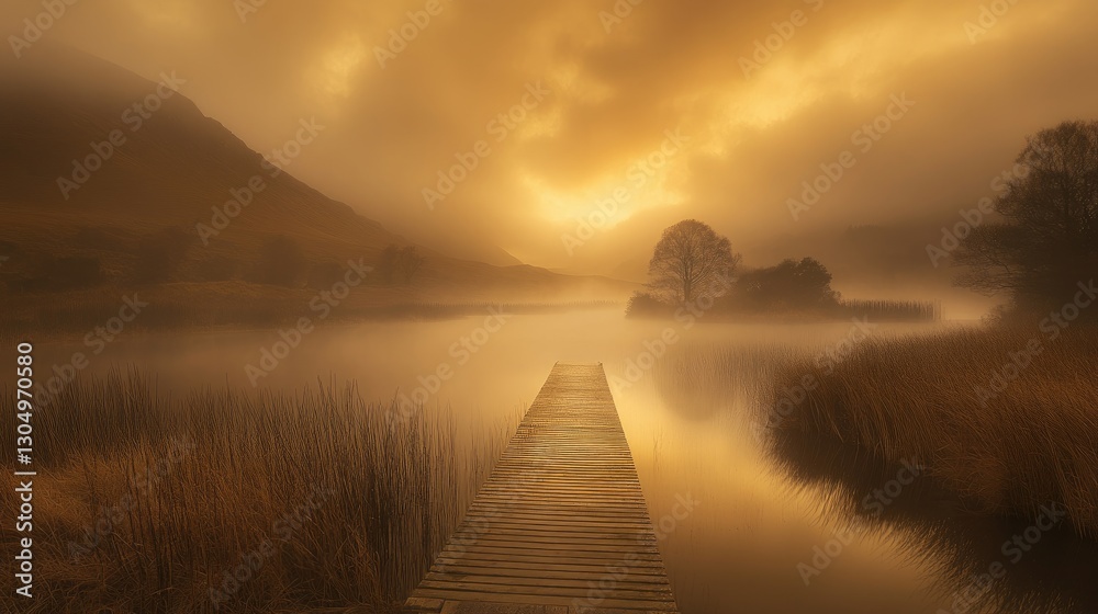 A tranquil wooden pier stretches over misty waters under a golden, mood-enhancing sky at sunrise