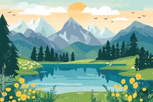 Flat design nature landscape with mountains and lakes, Flat style vector illustration. 