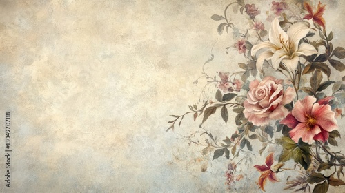 Wallpaper Mural Victorian floral wallpaper with roses lilies and elegant tendrils on parchment Torontodigital.ca