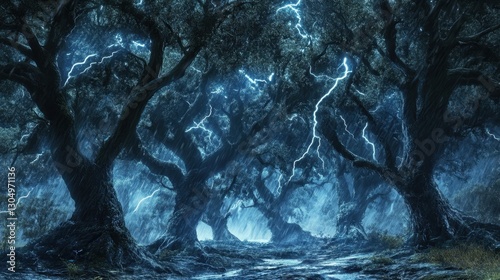 Surreal stormy forest with trees distorted by wind illuminated by lightning