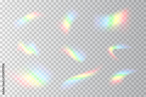 A collection of delicate rainbow flares with soft edges and a blurred glow effect. These colorful reflections mimic light passing through a prism, producing a gentle and magical ambiance.