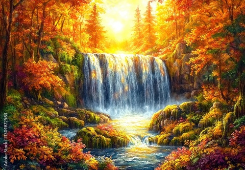 Majestic Waterfall Surrounded by Vibrant Autumn Foliage and Golden Sunlight in a Dreamlike Nature Landscape