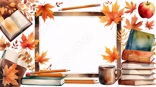 Cozy Autumn Watercolor Frame with School Supplies – Featuring Books, Pencils, Maple Leaves, and Hot Cocoa for Educational Designs and Seasonal Invitations