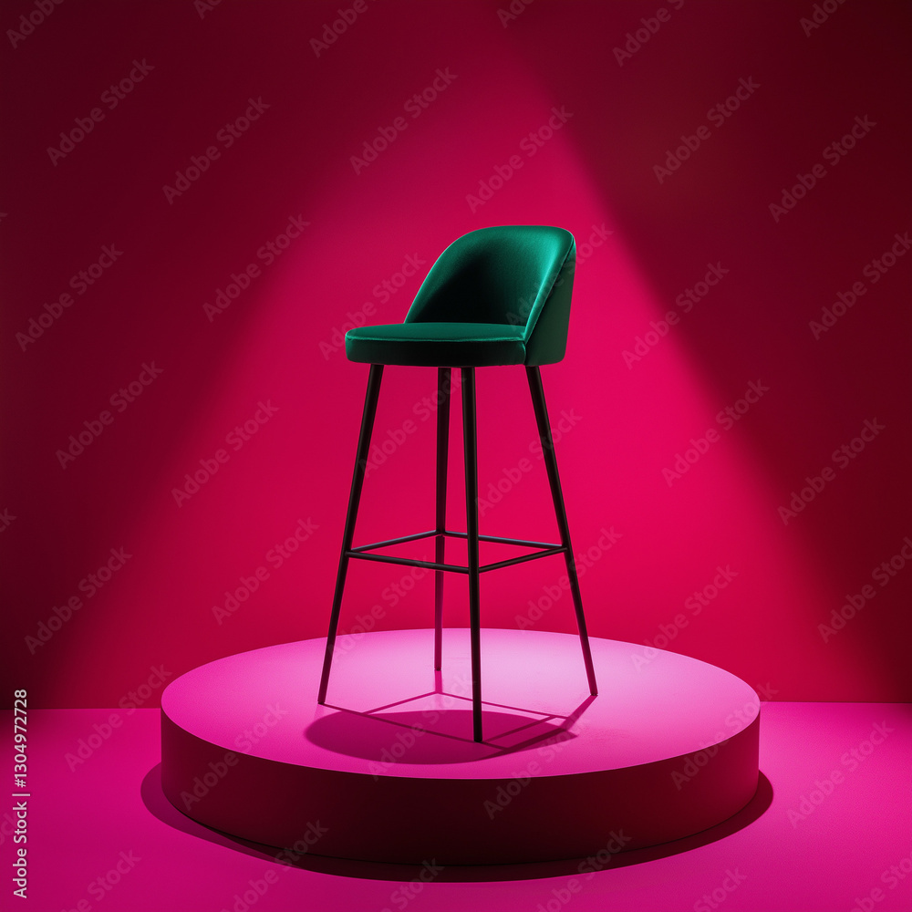 A green stool is sitting on a pink surface