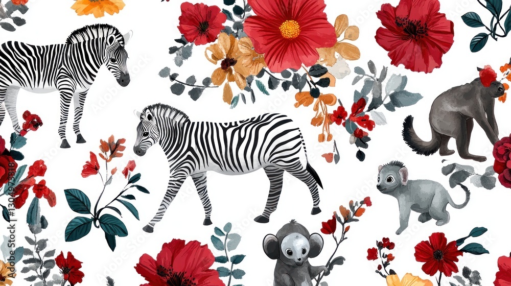Naklejka premium Zebra, Koala, Flowers Pattern