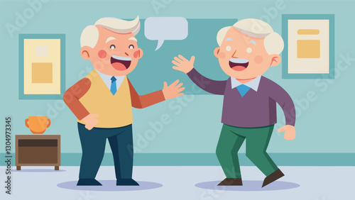 Two elderly men playfully bantering back and forth in a foreign tongue showing off their progress in class.. Vector illustration