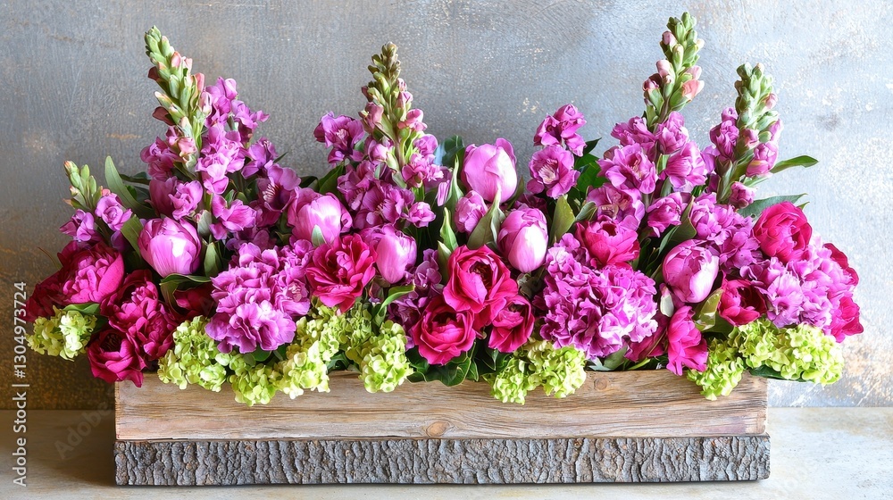 Fototapeta premium Captivating Spring Bouquet of Vibrant Flowers in Wood Planter