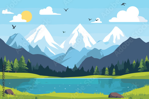 Flat design nature landscape with mountains and lakes, Flat style vector illustration. 