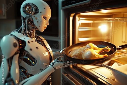 Obraz na płótnie The robot cooks the chicken. Artificial intelligence helps people do their homework by preparing food for dinner w salonie