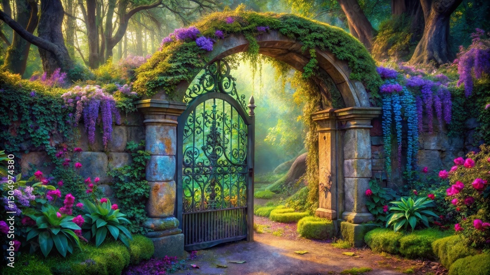 Fototapeta premium Enchanted Garden Gateway A Sunlit Path Beckons Through an Ornate Iron Gate Adorned with Lush Blooming Vines and Flowers
