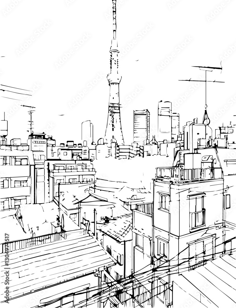 Obraz premium sketch, drawing, house, landscape, illustration, vector, architecture, building, tree, temple, old, vintage, china, ancient, art, painting, picture, farm, village, city, bridge, home, black, travel, r