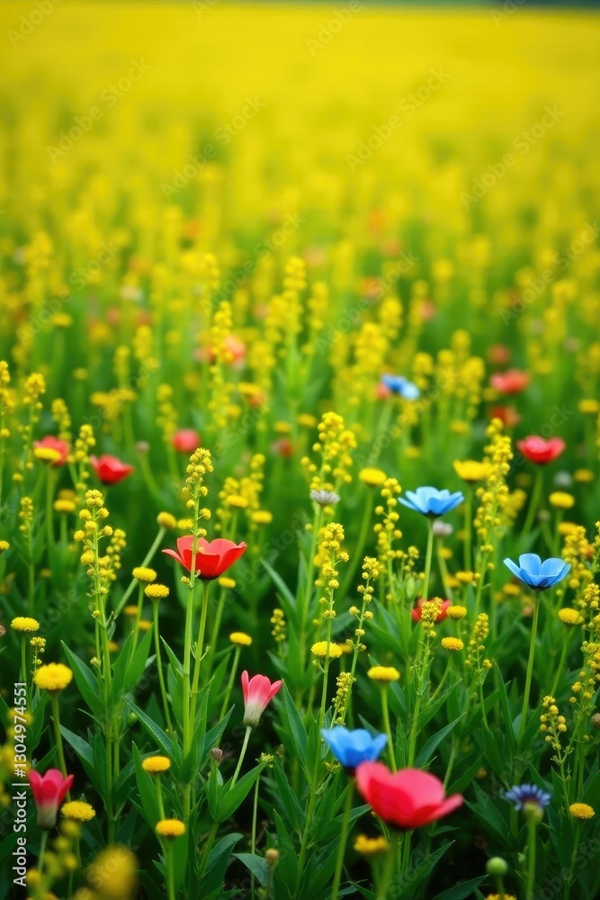 Fototapeta premium Yellow green grass with red and blue flowers in the field, floral, field, nature
