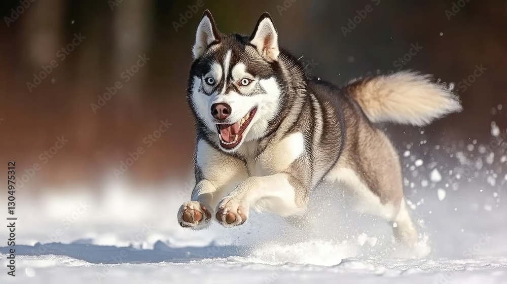 Siberian husky joyfully running through deep snow with a playful expression and striking blue eyes during winter sunlight Siberian husky joyfully running through deep snow with a playful expression and striking blue eyes during winter sunlight