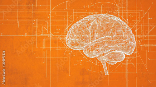 a white outline of a brain blueprint on a bright orange background with technical grid lines

