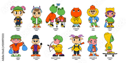 Cute character zodiac sign set. Mascot. Trendy vector illustration.