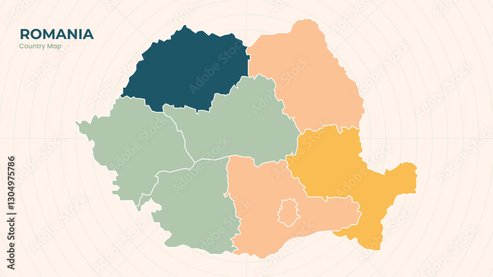Fototapeta premium Map of Romania isolated modern colorful State. Use for Website Layouts, Background, Education, Customizable, Travel Worldwide, Silhouette Backdrop, Earth Geography, Political.
