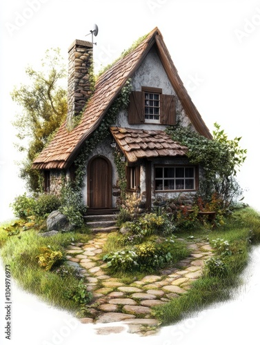 Charming Stone Cottage with Ivy and Brown Roof in Lush Green Landscape