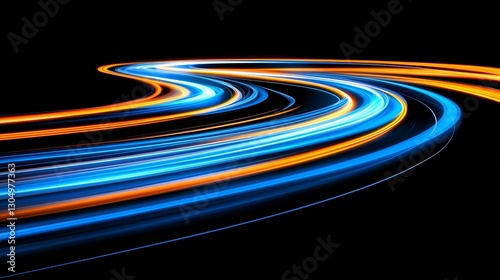 A long-exposure photograph of blue and orange light trails in the shape of an S on a black background, creating a sense of speed and motion. 