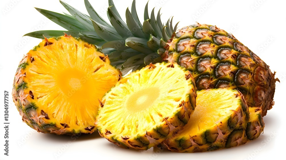 Fresh Tropical Pineapple Slices with Whole Pineapple on White Background Fresh Tropical Pineapple Slices with Whole Pineapple on White Background