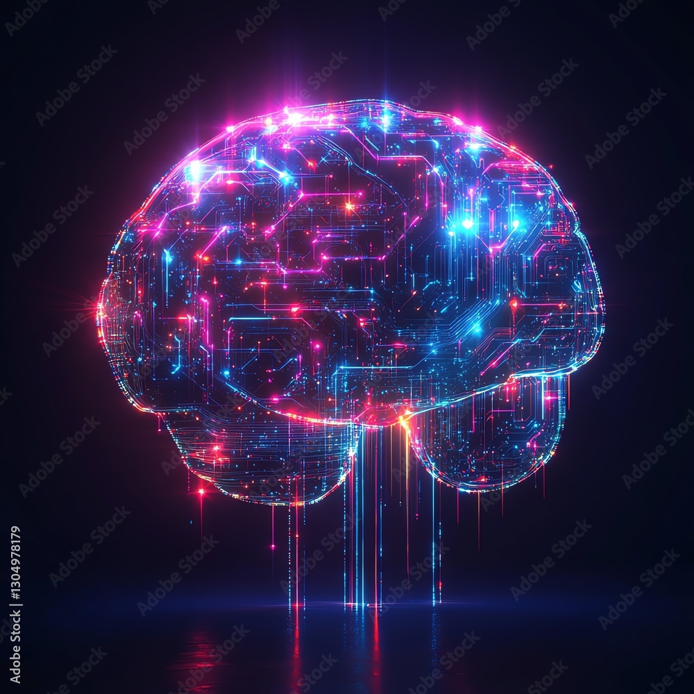 Fototapeta premium Futuristic digital brain with AI neural pathways, glowing circuits and data flows, artificial intelligence technology, abstract and vibrant neon colors, advanced digital design