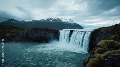 Majestic Waterfall Flowing Amidst Snowy Mountain Landscape