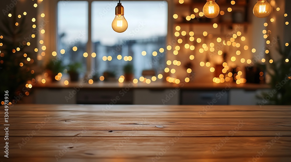 A reclaimed wood table with soft dim lighting, blurred background of a contemporary kitchen with golden pendant lights, festive string lights, and an intimate dining setup, A reclaimed wood table with soft dim lighting, blurred background of a contemporary kitchen with golden pendant lights, festive string lights, and an intimate dining setup,