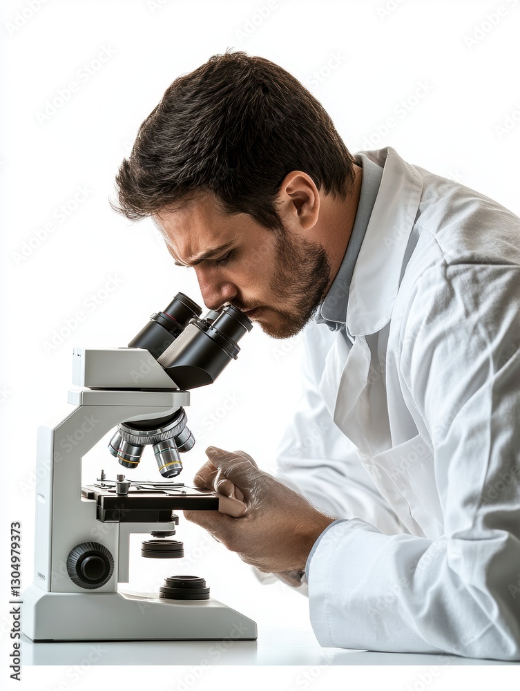 Focused Male Scientist Using Microscope in Laboratory Setting Focused Male Scientist Using Microscope in Laboratory Setting