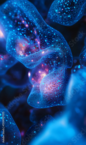 Intricate biological structure illuminated with vibrant spectral light formations and patterns
