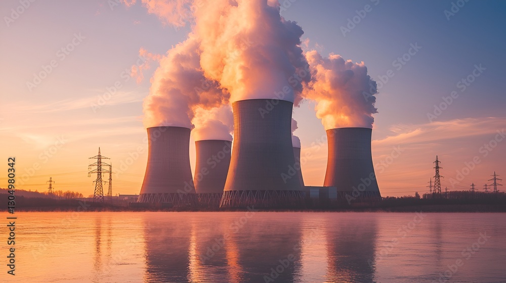 Nuclear power plant at sunrise over river Nuclear power plant at sunrise over river