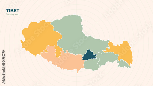 Map of Tibet isolated modern colorful State. Use for Website Layouts, Background, Education, Customizable, Travel Worldwide, Silhouette Backdrop, Earth Geography, Political.