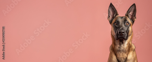 Belgian Malinois dog on minimalistic colorful background with Copy Space. Perfect for banners, veterinary ads, pet food promotions, and minimalist designs.