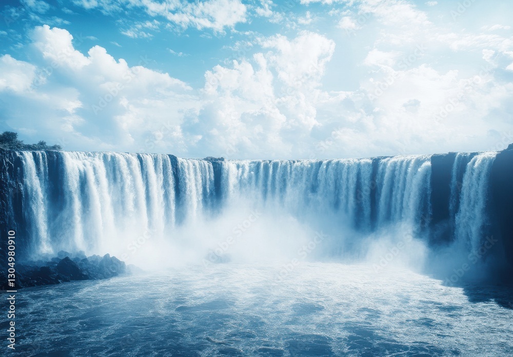 Majestic Waterfalls Cascading Into Misty River Beneath Expansive Sky Filled With Fluffy Clouds in Scenic Natural Landscape Captured in Vibrant Colors Majestic Waterfalls Cascading Into Misty River Beneath Expansive Sky Filled With Fluffy Clouds in Scenic Natural Landscape Captured in Vibrant Colors