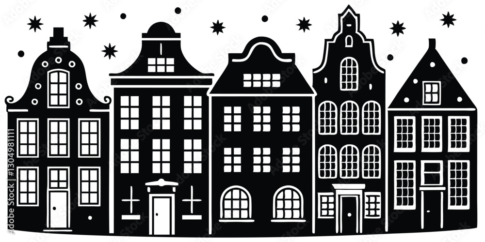 Silhouette of a row of typical dutch Silhouette of a row of typical dutch
