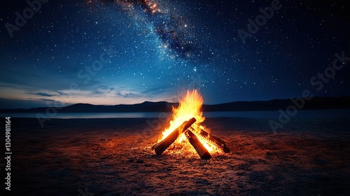 A mesmerizing night scene featuring a glowing campfire in the foreground with a starry sky and mountains in the background