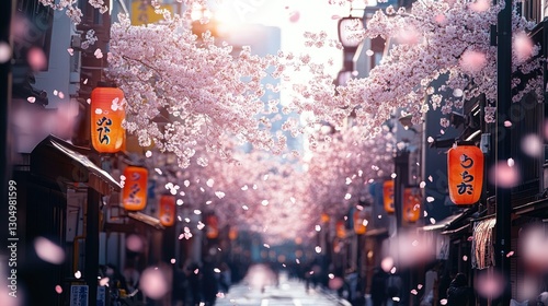 A serene spring afternoon stroll under blooming cherry blossoms with lanterns illuminating a vibrant street scene