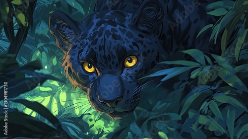 A mesmerizing illustration of a stealthy black panther lurking in the vibrant jungle foliage at night, with piercing yellow eyes