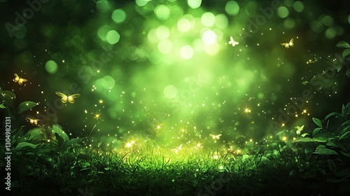 A mystical green forest scene illuminated by glowing fireflies and ethereal lights among the foliage and grass.