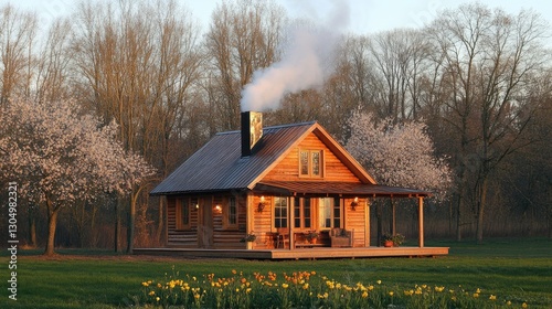 Charming log cabin surrounded by flowering trees and spring blooms in tranquil nature setting