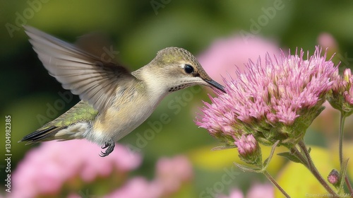 A vibrant hummingbird hovering over a blooming flower garden, showcasing nature's delicate beauty and vibrant colors