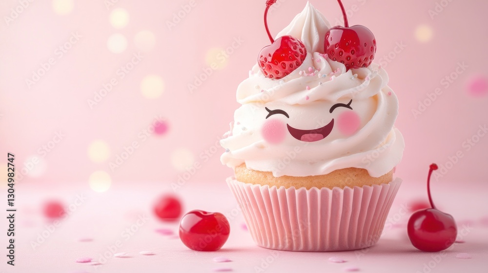 Happy cupcake with cherries on pink background